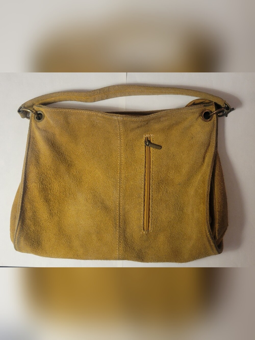 Mustard Suede Shoulder Bag with Front Zip Pocket